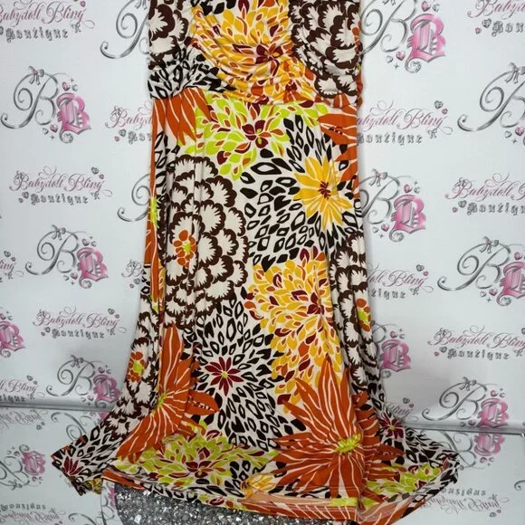 Floral dress cinching ribbon π tie shoulder stretchy slinky flowers hippie - Picture 11 of 12